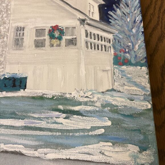 Original Signed Christmas Architecture Painting Snowy Starry Winter Sky - Picture 9 of 10